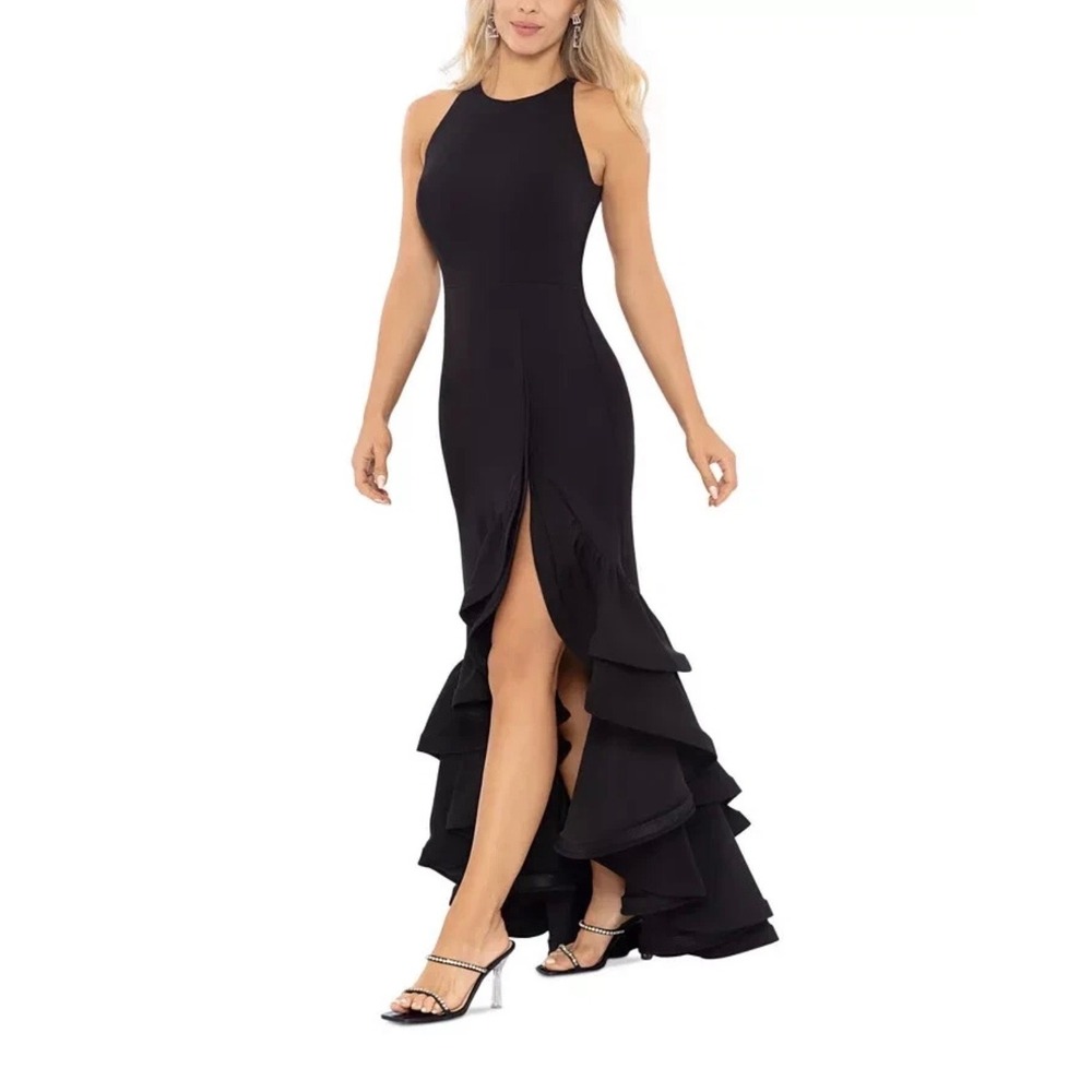 Betsy & Adam Arielle Scuba Crepe Ruffle Slit Gown Black Dramatic Slit Ruffle 4